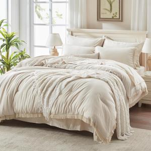 Andency Oversized King Comforter Set with Sheets 120x120 Beige - 7 Pieces Boho Tassel Bed in a Bag Soft Lightweight Bedding Sets, Fringe Bed Set with Comforter, Sheets, Pillowcases & Shams