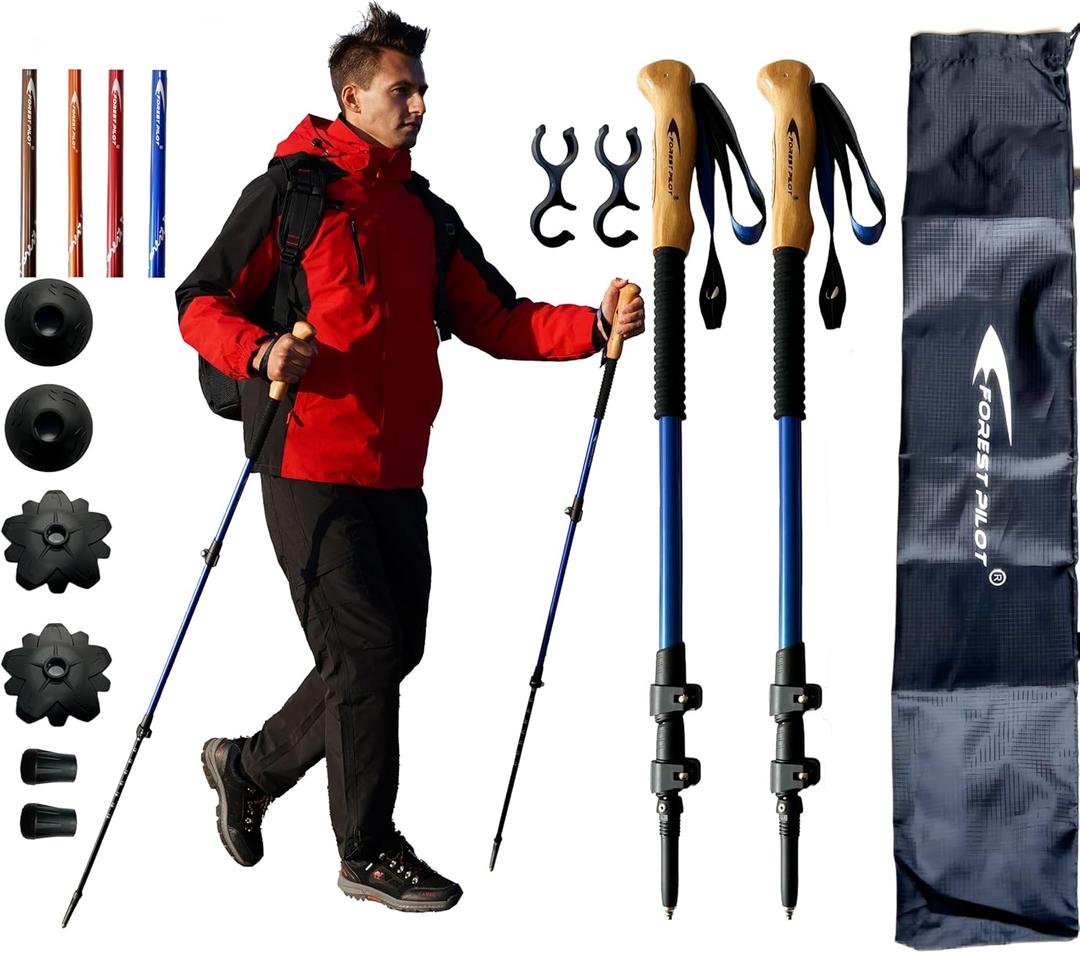 Trekking Poles - Lightweight 7075 Aluminum with Flip Lock & All Terrain Accessories - Pair of 2 Walking Sticks for Hiking with EVA or Beech Wood Grip