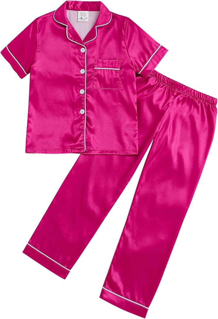 MyFav Pajama Set for Girls Button Down Silky Kids Sleepwear Nightwear Loungewear Clothes Set (Pink)