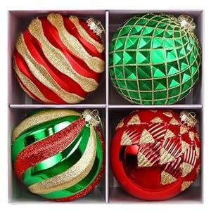 Alupssuc 6''/ 150mm Large Christmas Ball Ornaments, 4Pcs Christmas Tree Decor, Shatterproof Hanging Decorations with Hooks, Red & Green & Glod Baubles for Xmas Tree, Wedding, Holiday and Party Decor