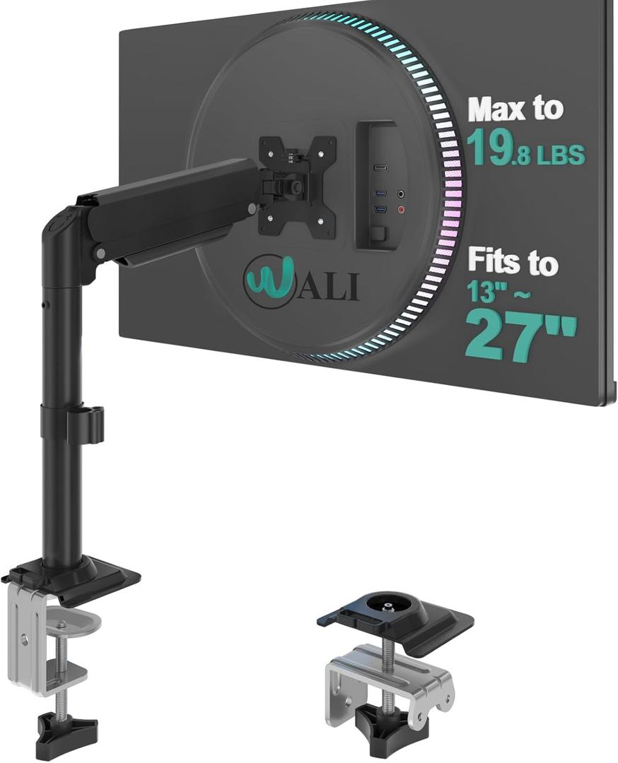 WALI Single Monitor Arm Mount for 13-27 inch Screens, Single Monitor Stand with Full Motion Tilt Swivel Rotation, Holds 19.8 lbs, VESA 75/100, C-Clamp & Grommet Mount (GSDM001S)