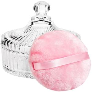 Teenitor Powder Puff 5.5" Extra Large Powder Puff and Container, Dusting Powder Container with Puff, Glass Crystal Powder Container for Body Powder Puff Pink