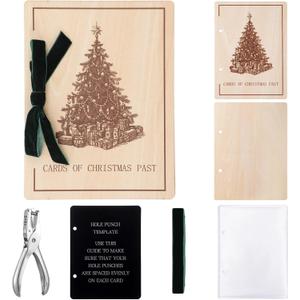 Hoolerry Christmas Wood Card Organizer Set Christmas Card Holder Include a 6 x 8 Cards Organizer a Hole Punch a Print Template 20 Protectors for Holiday Greeting Storage Gift(Stylish)