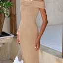 PRETTYGARDEN Summer Dresses for Women Formal Off The Shoulder Midi Bodycon Ribbed Knit Spring Wedding Guest Dress (Khaki,Large) (L)