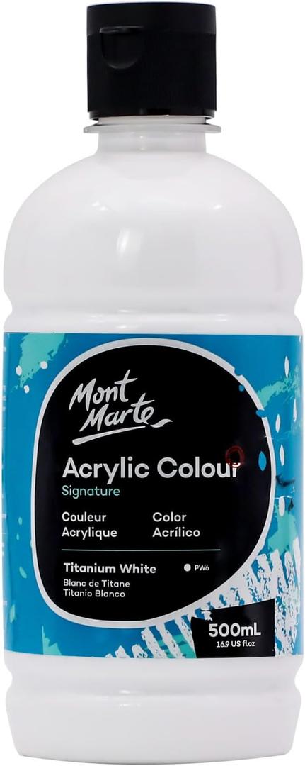 Mont Marte Signature Titanium White Acrylic Paint, 16.9oz (500ml), Semi-Matte Finish,Suitable for Canvas, Wood, Fabric, Leather, Cardboard, Paper, MDF and Crafts