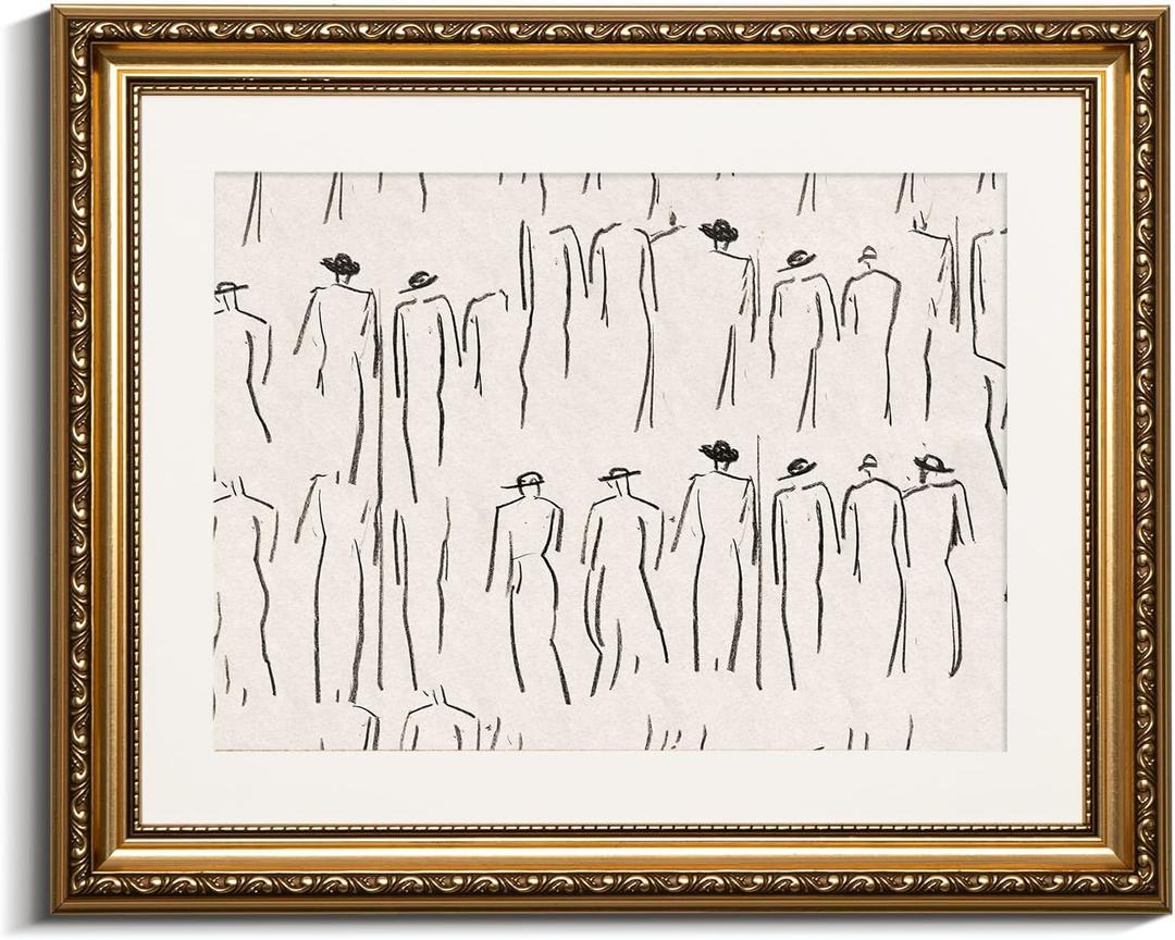 VIYYIEA Gold Framed Wall Art Canvas Print Home Decor Abstract Wall Art Room Decor Minimalist Portrait Artwork Wall Decorations Vintage Bathroom Decor Line-Drawn Wall Pictures Office Decor 13x16in (16L" x 13W", Crowds)