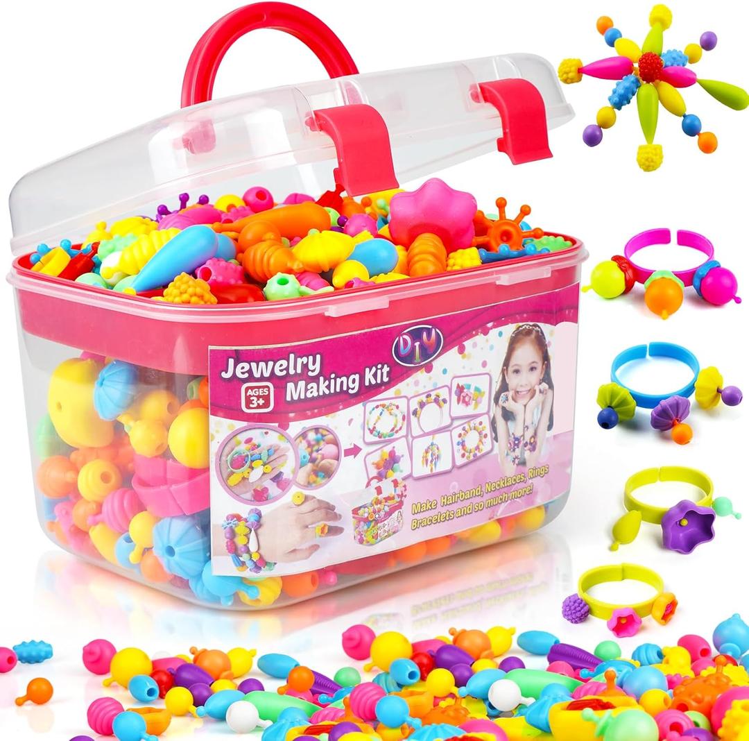 FUNZBO 520+ Snap Pop Beads - Beads for Jewelry Making Kit, Arts and Crafts for Kids Ages 4-8, Toys for Girls Age 3 4 5 6 7 Years Old Birthday Gifts, Bracelet Necklace Ring Snap Set for Little Girls (Medium)
