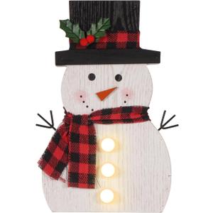 Christmas Decorations for Home LED Lighted Snowman Decor with Timer Farmhouse Merry Christmas Sign Wooden Rustic Red Plaid Scarf Tabletop Xmas Holiday Signs Party Indoor Room
