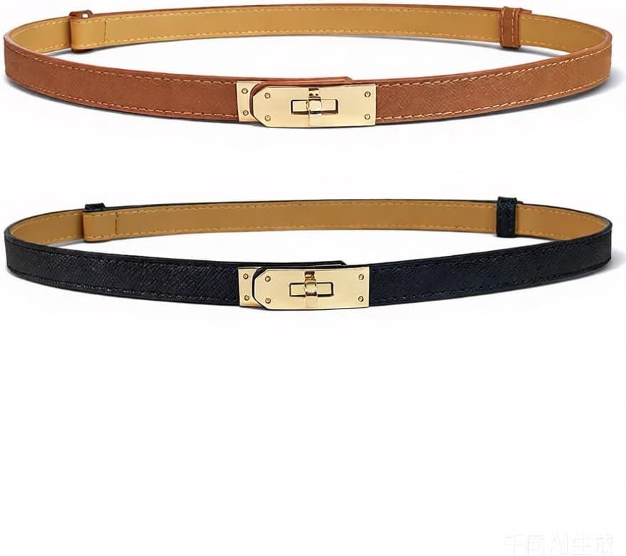 2 Pack Skinny Belts for Women Dresses Fashion Adjustable Waist Belt for Pants Jeans Business Casual Outfit (Black+brown)
