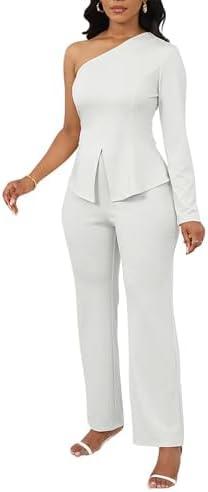 Aro Lora Womens Sexy 2 Piece Outfits One Shoulder Long Sleeve Slit Top and Pant Set Dressy Pantsuits. Size XL.