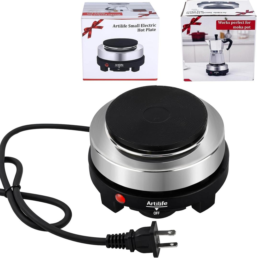 Artilife 500W Mini Electric Hot Plate - Moka Pot Special, 110V Compact RV Camping Stove, 4" Cast Iron Burner for Coffee, Low Wattage Portable
