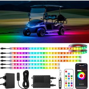 6pcs Golf Cart Led Lights with 12V-72V Voltage Reducer, RGB Led Underglow Light Kit with 2 Remotes and DITRIO App Control,Waterproof,Sound Active, Music Mode Battery Drain Protect Kill Switch