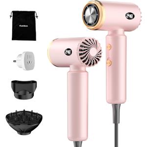 Travel Hair Dryer, Dual Voltage Mini Ionic Blow Dryer for Fast Drying, Compact Lightweight Hair Dryer with Magnetic Diffuser for Home & Travel, Portable Hairdryer International 110-240V (Pink)