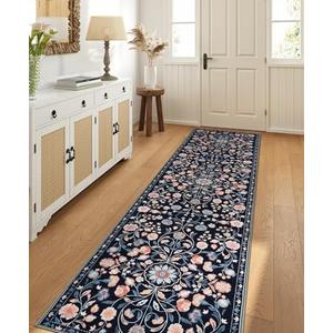OJIA Runners for Hallways 2'x8' Washable Kitchen Rugs Non Slip, Black Floral Long Hallway Rug with Rubber Backing Low Pile Soft Carpet Runner for Kitchen, Laundry, Bedroom, Bathroom