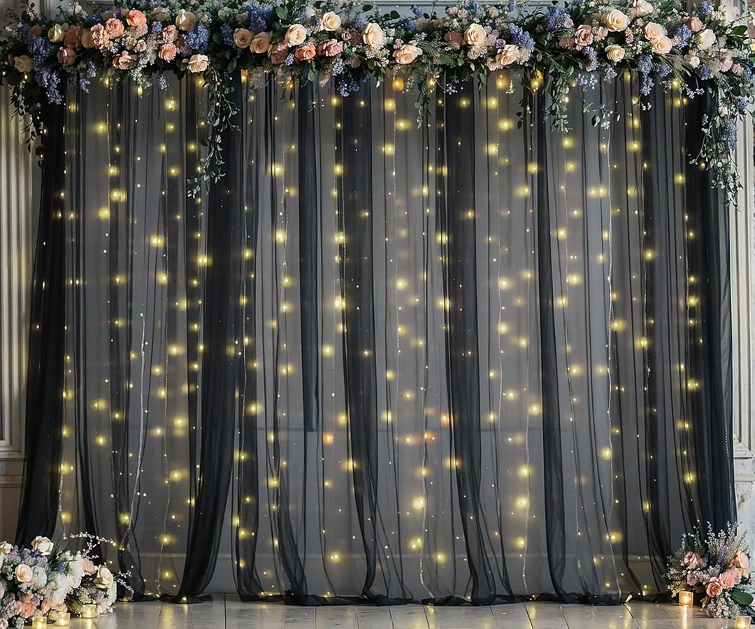 10ft x 10ft Black Tulle Photo Backdrop Curtain with Lights String for Parties Sheer Black Curtain Backdrop for Birthday Party Baby Shower Wedding Photo Booth Photography Background Decorations