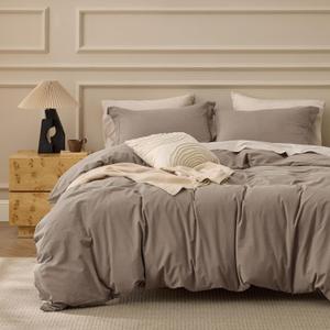 Bedsure 100% Washed Cotton Duvet Cover King Size - Light Brown Minimalist Cotton Duvet Cover Linen Like for All Seasons - GentleSoft Plain Simple Bedding, 3 Pieces (Light Brown, King, 104"x90")