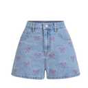WDIRARA Women's Bow Embroidery Denim Shorts Y2k Jean Shorts with Pockets Light Wash 26 (Blue)