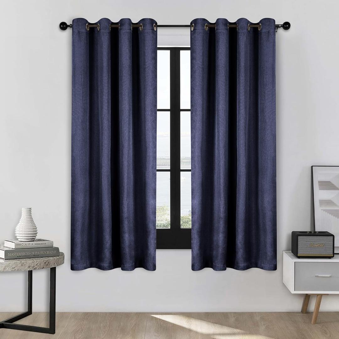 Superior Semi Blackout Curtains - Classic Linen Design - 52" x 63" - Grommet Header - Sun Blocking & Room Darkening Drapes for Bedroom, Living Room - Set of 2 Panels - Navy Blue