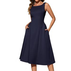 Bridesmay Women's Elegant Crew Neck Swing A Line Wedding Guest Dress Sleeveless Formal Midi Dress with Pockets 2026 (Medium)