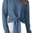 Okiwam Women's Long Sleeve Cropped Sweaters Casual Knit Pullover Tie Front Crew Neck Fall Outfits Fashion Clothes 2025(Size XL) Dark Blue