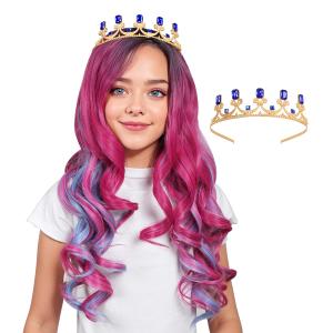 ColorGround Long Wavy Pink and Light Blue Mixed Cosplay Wig with Crown (Small Size)