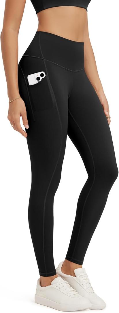 ODODOS Full Length High Waist Workout Leggings with Pockets for Women, 28" Tummy Control Athletic Yoga Pants, Black, XX-Large (Black)