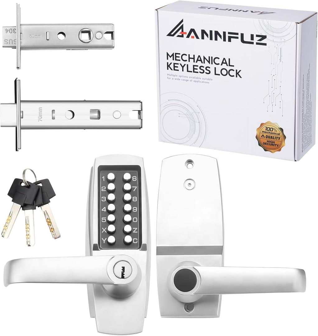 Mechanical Entry Keypad Door Handle Lock with Key,Auto-Locking Push Button Code Door Knob Lock,Single Sided Combination & Interior Hold-open Lever,for Front Gate,Garage,Office,Brushed Nickel (Pearl Chrome)
