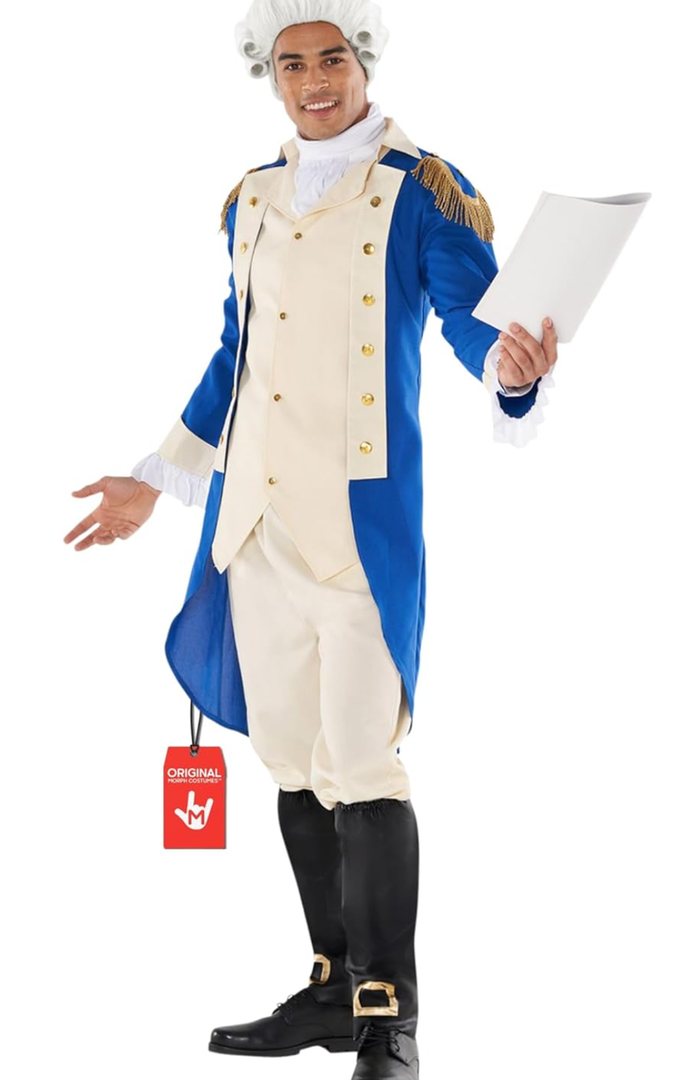 Morph George Washington Costume Adult With Wig, Founding Father Costume, Colonial Costumes Men, Halloween Costumes For Men, XL