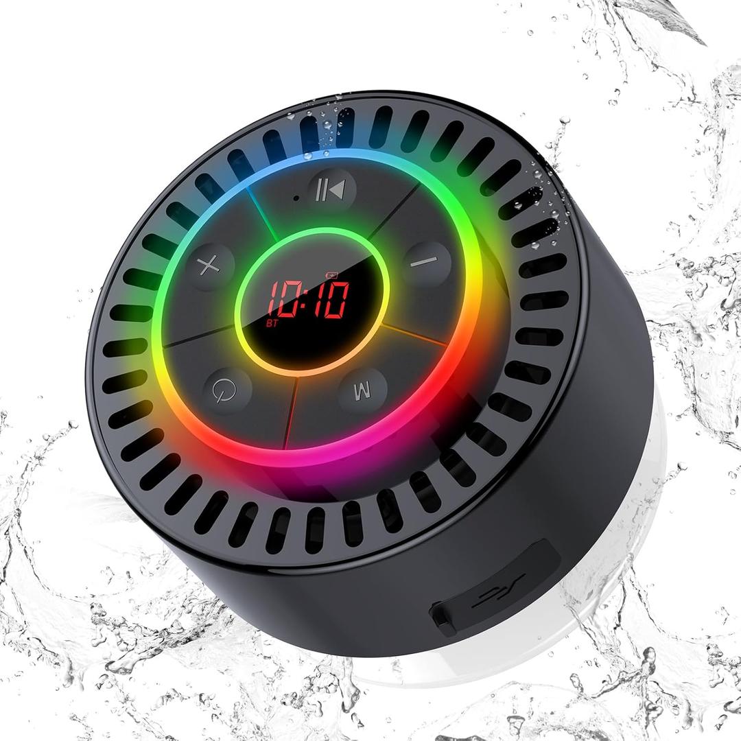 Bluetooth Speaker, Shower Speaker IPX7 Waterproof, Speakers Bluetooth Wireless with Rich Bass, Portable Speaker with LED Light, Suction Cup,8H Playtime, for Bathroom Party Beach, Ideal Gifts, Black