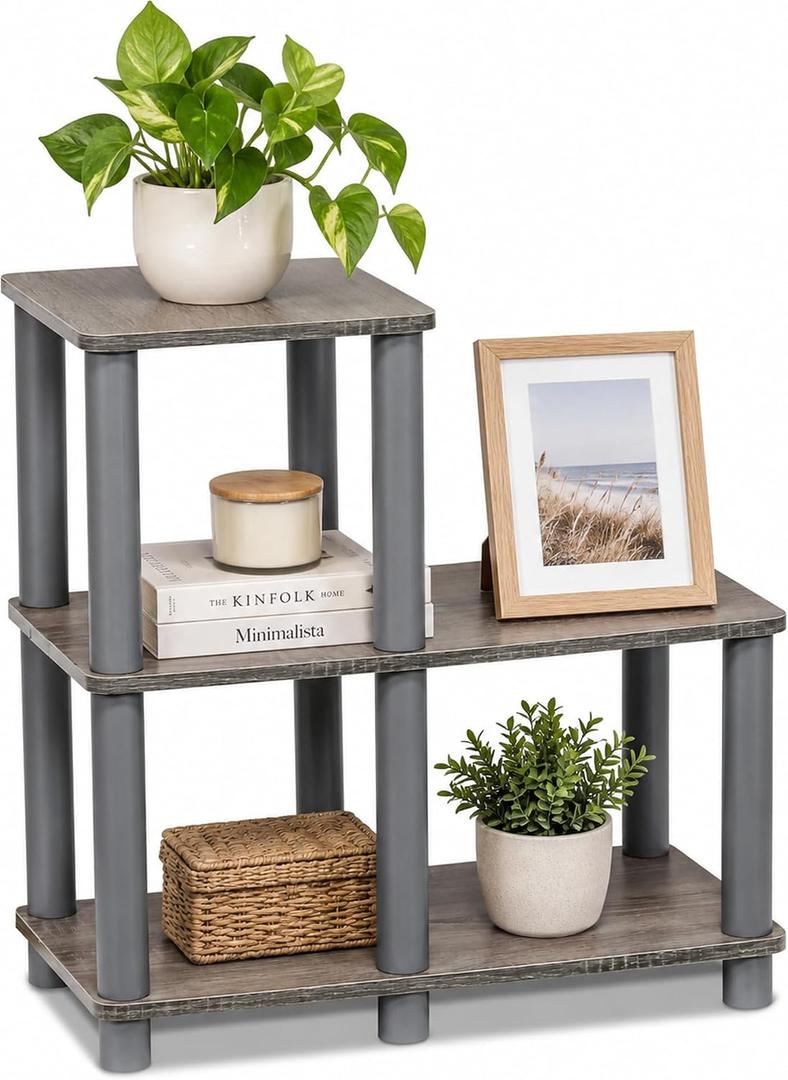 Furinno TURN-N-TUBE Storage Shelves, 2-Tier Ladder Shape Book Shelf with Open Frame Design, 3-Cube Corner Shelf, Toolless Open Shelves, Living Room, Garage, Home Office, Grey, 18.9 x 19.5 x 9.4 inches