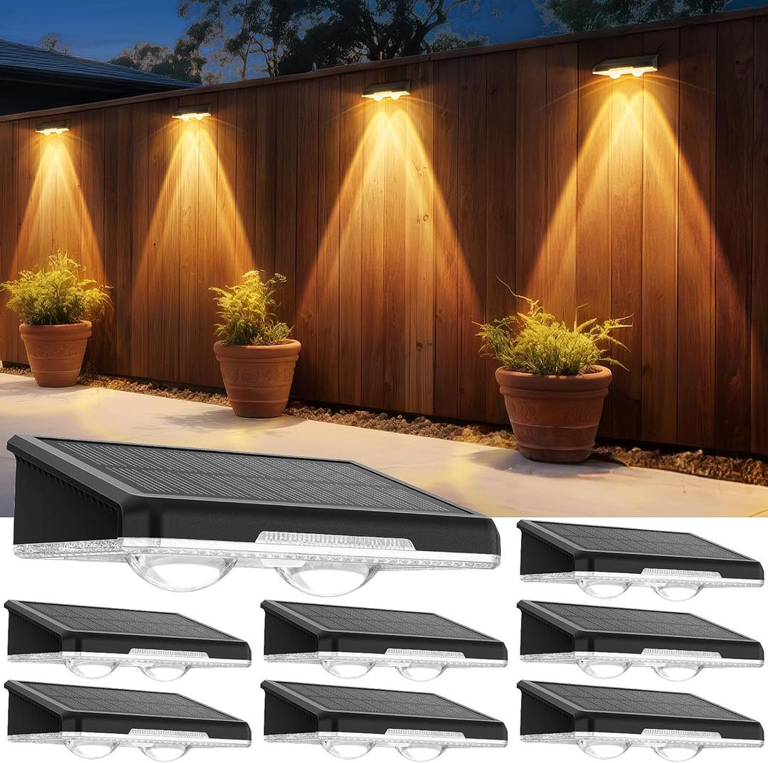 Solar Fence Lights Outdoor 8 Pack - 3 Modes (Warm/Neutral/Cool White), Fence Lights Solar Powered for Outside, IP65 Waterproof, Auto ON/Off Deck Lighting for Wall, Step, Patio, Pathway, Stairs (3000K/4500K/6500K)