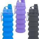 Collapsible Water Bottles Travel Water Bottle Sports Portable Sport Water Bottle Reusable Water Bottles Comes With Mountaineering Buckle 500ml Silicone Water-Proof Camping Water Bottle (Blue+Purple+Grey)