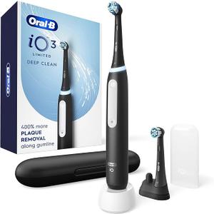 Oral-B Rechargeable Electric Toothbrush, iO3 Limited Deep Clean, 3 Cleaning Modes, Visual Pressure Sensor to Protect Gums, 2 Brush Heads, Travel Case, Black