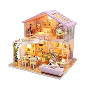 YSWOOD WORLD DIY Miniature House Kit, Tiny House Kit with Furniture & LED, DIY Wooden Dollhouse Miniature Kit for Adults Teen, Wooden Crafts Lovely Dollhouse Kit, Home Decor - Sweet Time