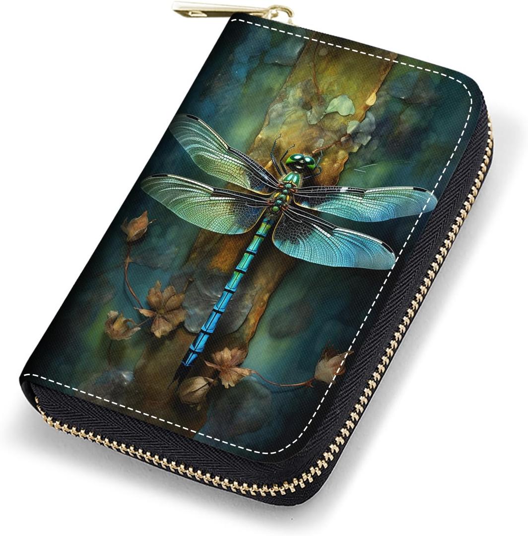 Credit Card Holder Wallets for Women, RFID Blocking Small Leather Card Case Wallet with Zipper Accordion Wallets, Dragonfly