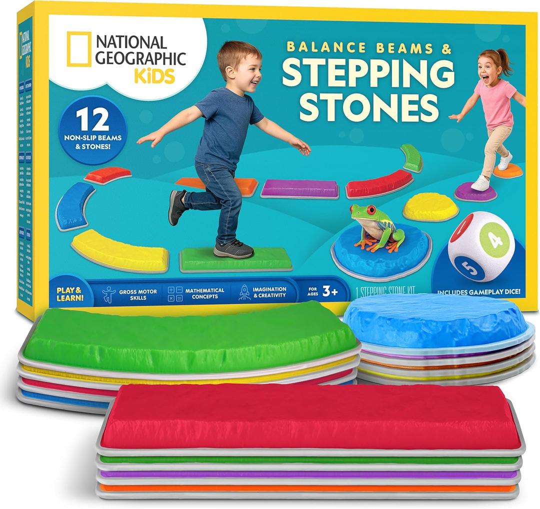National Geographic Kids Stepping Stones & Balance Beams  12 Piece Obstacle Course for Kids Ages 3+ with Foam Dice, Play & Learn Cards, Non-Slip Rubber Base, Toddler Indoor & Outdoor Active Play Set