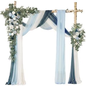 Deluxe Blue Artificial Wedding Arch Flowers with Drapes Kit-Pack of 5, 2pcs Flower Arrangements 3pcs Hanging Sheer Drapes Blue Ceremony Arbor Reception Backdrop Rose Floral Decorations.