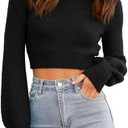 Womens Sexy Crew Neck Cropped Sweaters Ribbed Knit Long Sleeve Crop Tops Pullover, Black , M