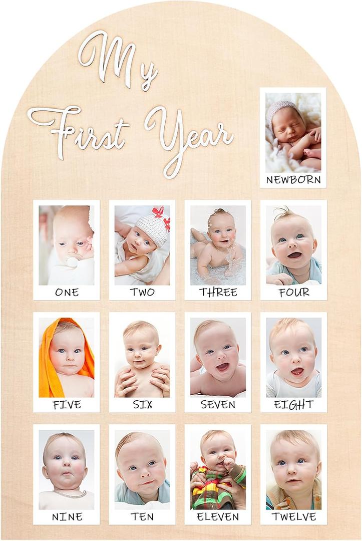 My First Year Photo Board Baby Birthday Picture Frame 12 Monthly Wooden Photo Board 1st Birthday Decorations Baby Gift for Newborn Keepsake(19 x 11 Inch)