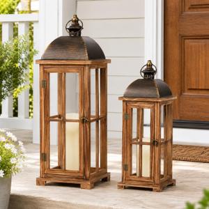 Large Decorative Lanterns, 2 Pack Farmhouse Wood Lanterns Indoor Outdoor