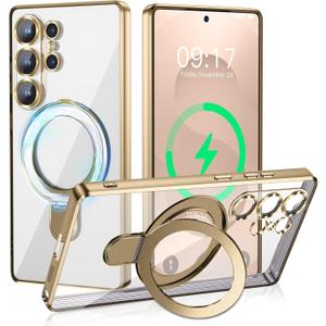 Magnetic Stand & Full Camera Lens Protector Case for Samsung Galaxy S25 Ultra[Compatible with MagSafe][Military Drop Protective]Not Yellowing Clear Slim Soft S25 Ultra Phone Case for Women Men,Gold