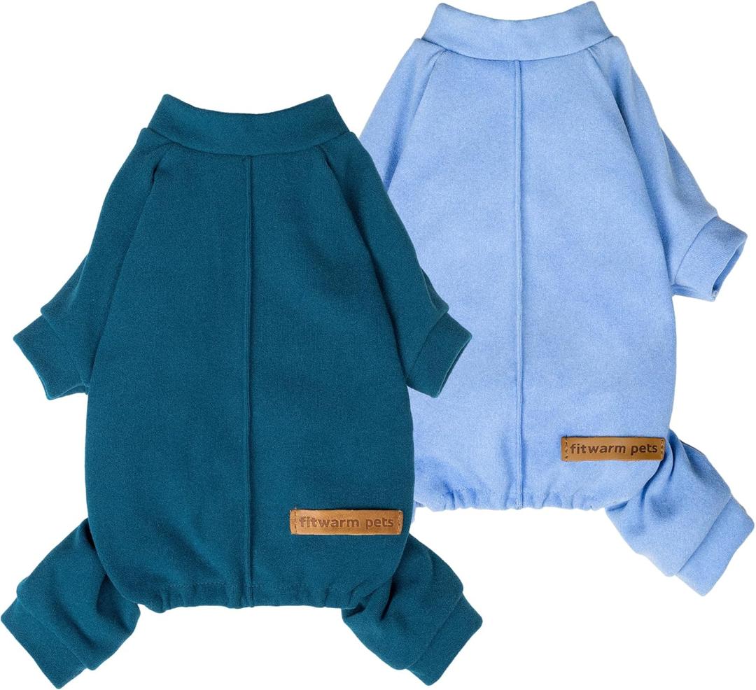 Fitwarm 2 Pack Lightweight Fleece Dog Pajamas, Warm Winter Dog Clothes for Small Dogs Boy Girl, Fuzzy Pet Onesie with Feet, Light Sky Blue, Turquoise, XS