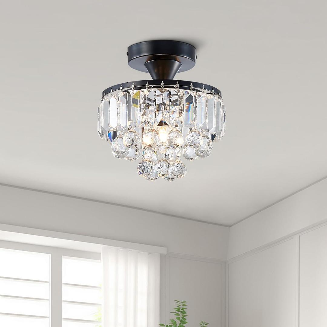 Bestier Modern Black Crystal Semi-Flushmount Chandelier Lighting LED Ceiling Light Fixture Lamp for Dining Room Bathroom Bedroom Livingroom Diameter 9" Height 10"