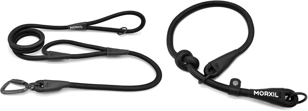 6 Foot Nylon Rope Dog Leash with Two Handles and Slip Collar Set (Black)