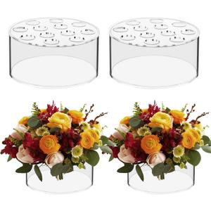 4 Pcs Acrylic Flower Vase, Round Clear Acrylic Vases Floral Centerpiece for Dining Tables Wedding Centerpiece Table Decorations Low Flower Vases with 12 Holes for Party Wedding Birthday Decor