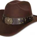 Eohak Womens Western Cowboy Hats Studded Pinched Western Cowgirl Hats Wide Brim Fedoras Hat with Belt Buckle (Size:Medium) (Brown, M)