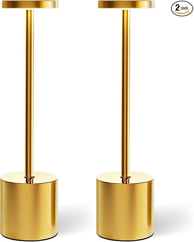 Cordless Table Lamps Rechargeable Set of 2, Portable LED Desk Lamp, 5000mAh Battery Powered Wireless Table Light 3 Color Dimmable Lighting for Restaurant Dining Patio Outdoor Bedroom (Gold)