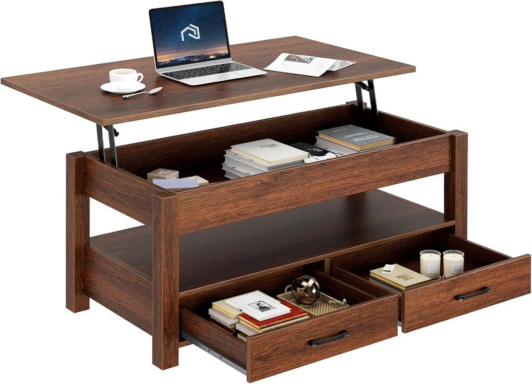 Rolanstar Coffee Table, Lift Top Coffee Table with Drawers and Hidden Compartment, Retro Central Table with Wooden Lift Tabletop, for Living Room, Espresso (39.4")