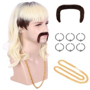karlery Adult Men 70s 80s Rocker Mullet Long Wave Beige Blonde Dark Root Mutsache Wig with 6 Earrings and Golden Necklace Halloween Costume Cosplay Wig