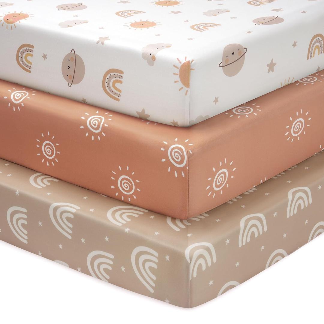 Baby Crib Sheets for Boys and Girls, 3 Pack Fitted Toddler Bed Sheets Neutral for 52x28 Standard Crib and Toddler Mattresses, Super Soft Microfiber Orange Sun Rainbow